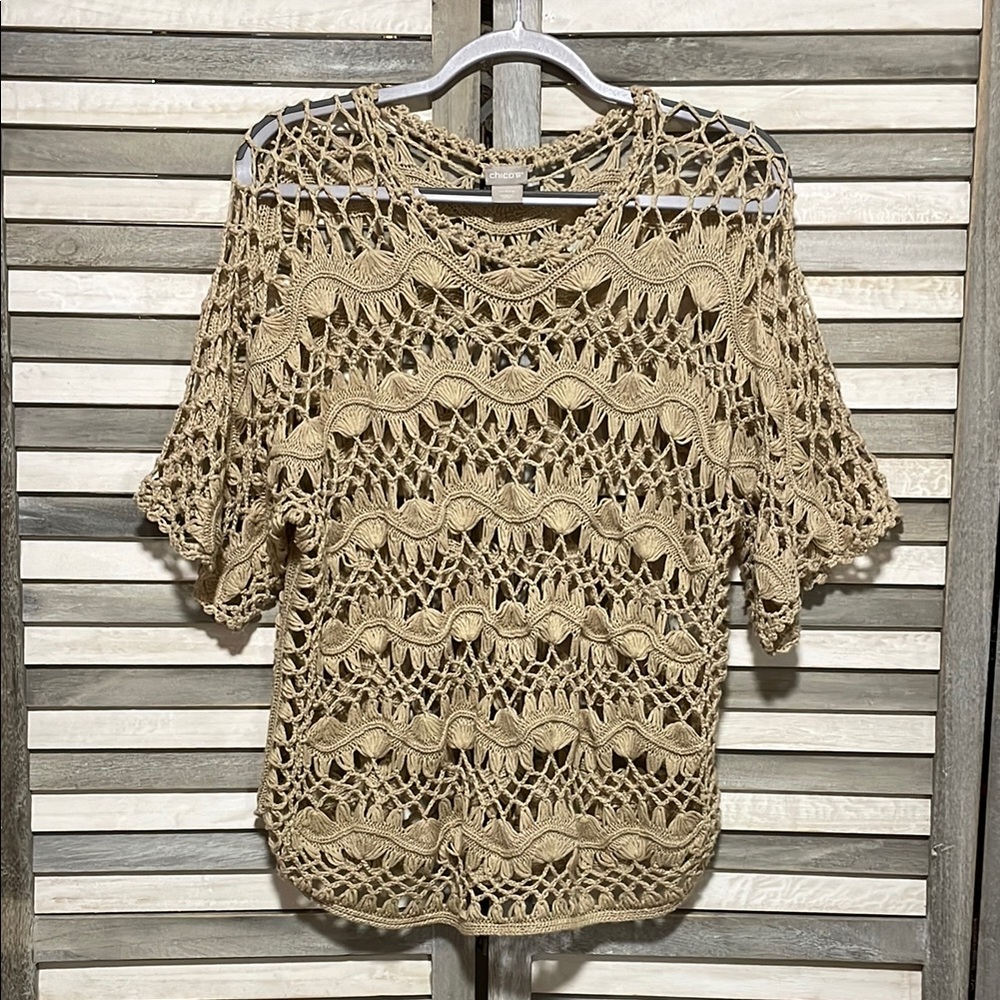 Chico’s Tan Crocheted Flutter Sleeve Shirt Size  1 (Medium)